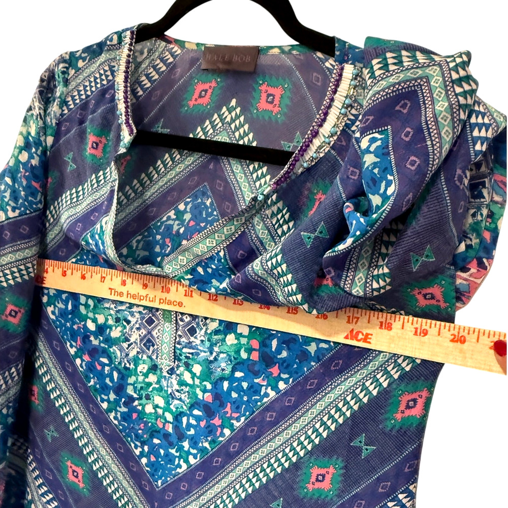 Hale Bob S Beaded Silk Flowy Tunic Top $278 Button Collar Boho Blouse Blue - Picture 8 of 9